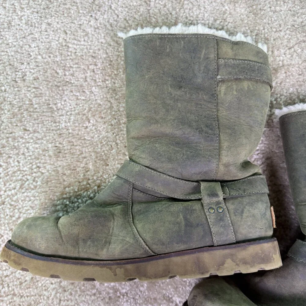 UGG Women's Size 8 NOIRA 1001733 Leather Waterproof Sheepskin Brown Biker Boots